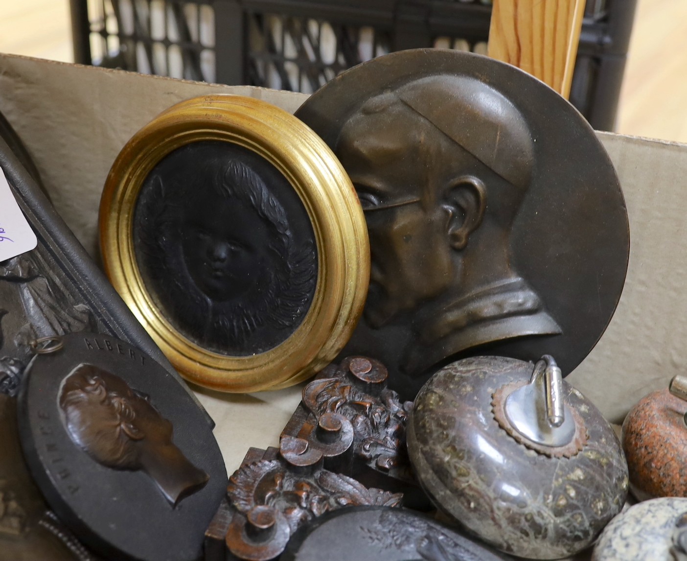 A First World War commemorative bronze plaque together with mixed collection metal and other decorative plaques etc, Commemorative plaque 39 cms high x 32 wide